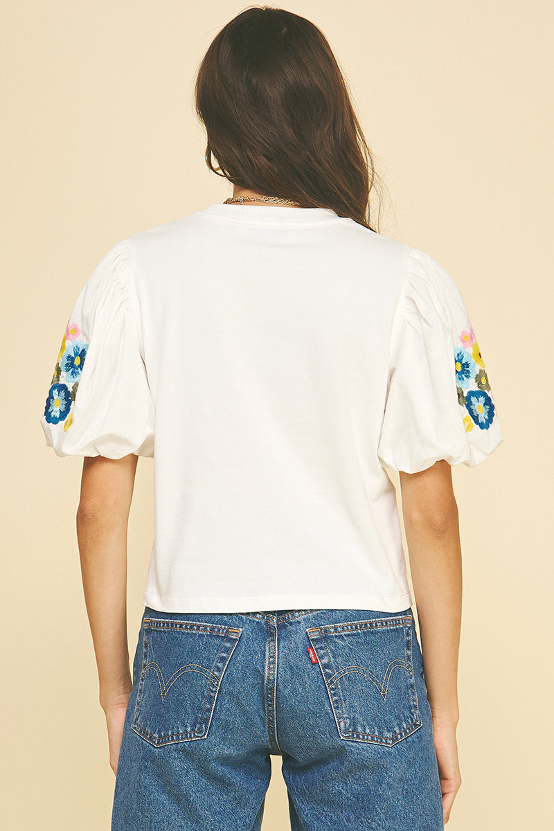 Mixed Media Top with Floral Sleeve-Off White