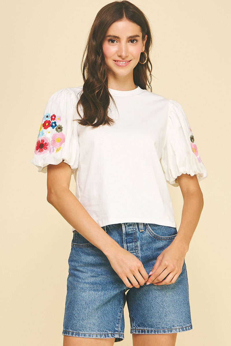 Mixed Media Top with Floral Sleeve-Off White