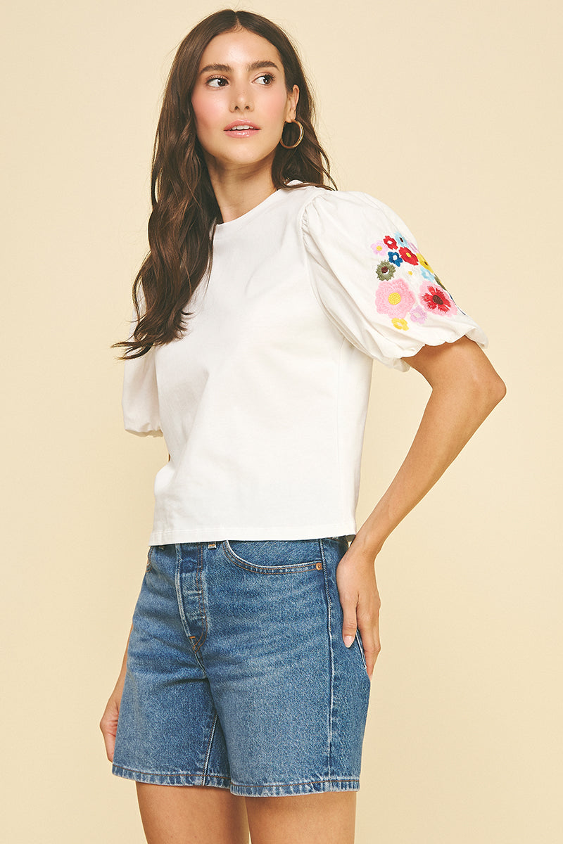Mixed Media Top with Floral Sleeve-Off White