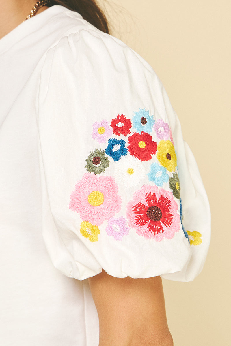 Mixed Media Top with Floral Sleeve-Off White