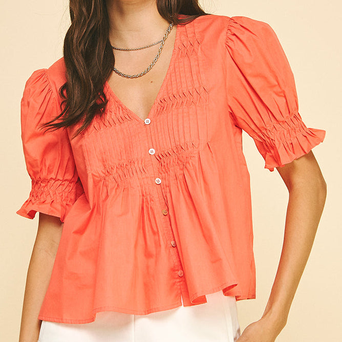 Tucked Detail Button Down Top - Sun Orange