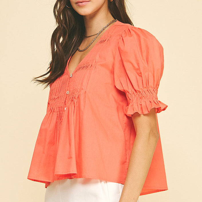 Tucked Detail Button Down Top - Sun Orange