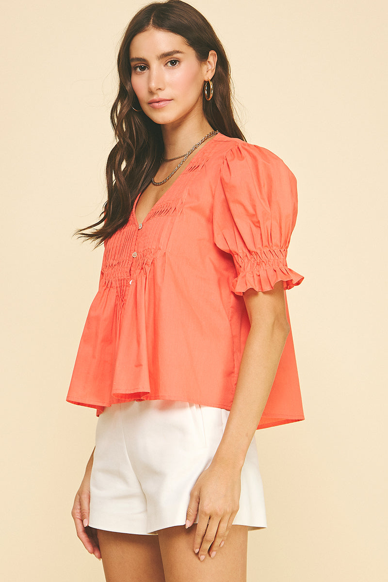 Tucked Detail Button Down Top - Sun Orange