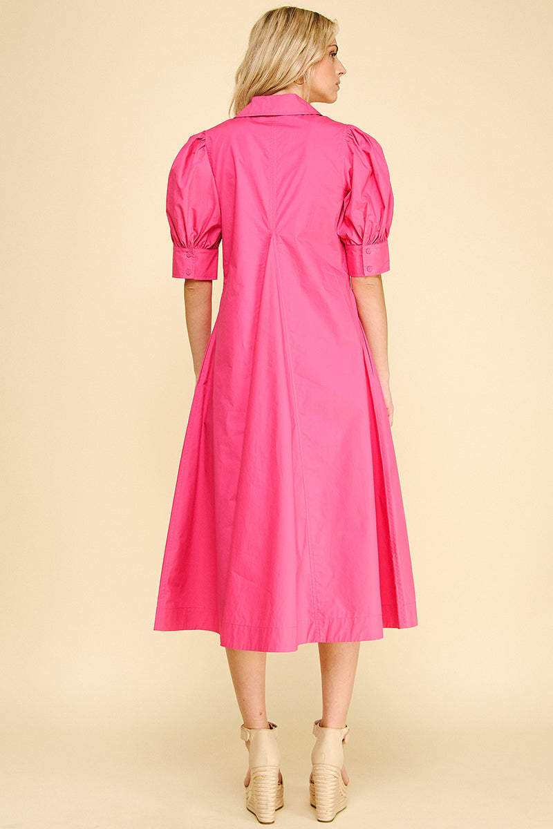 Camille V-Neck Pleated Dress - Fuchsia