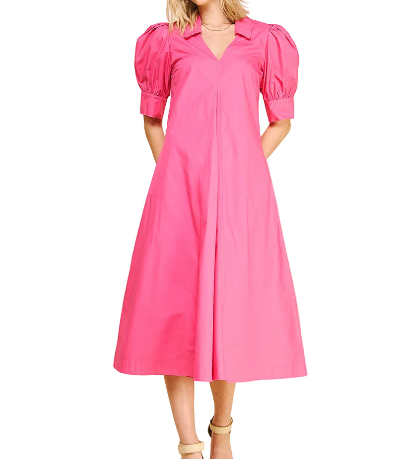 Camille V-Neck Pleated Dress - Fuchsia