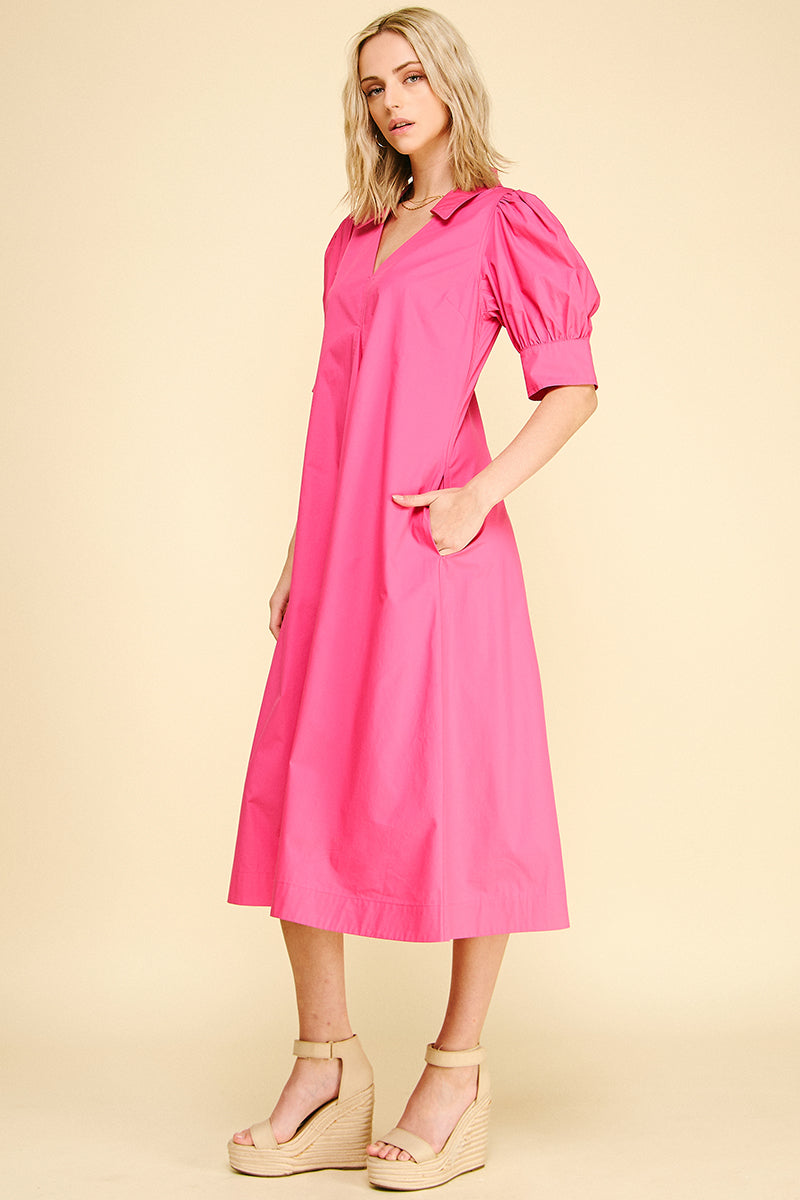 Camille V-Neck Pleated Dress - Fuchsia