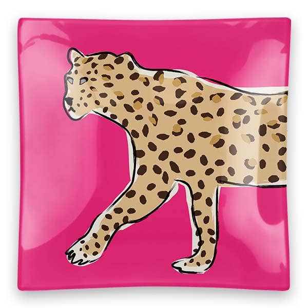 Walking Leopard Square Glass Trinket Tray (Pink, Green or Coral)