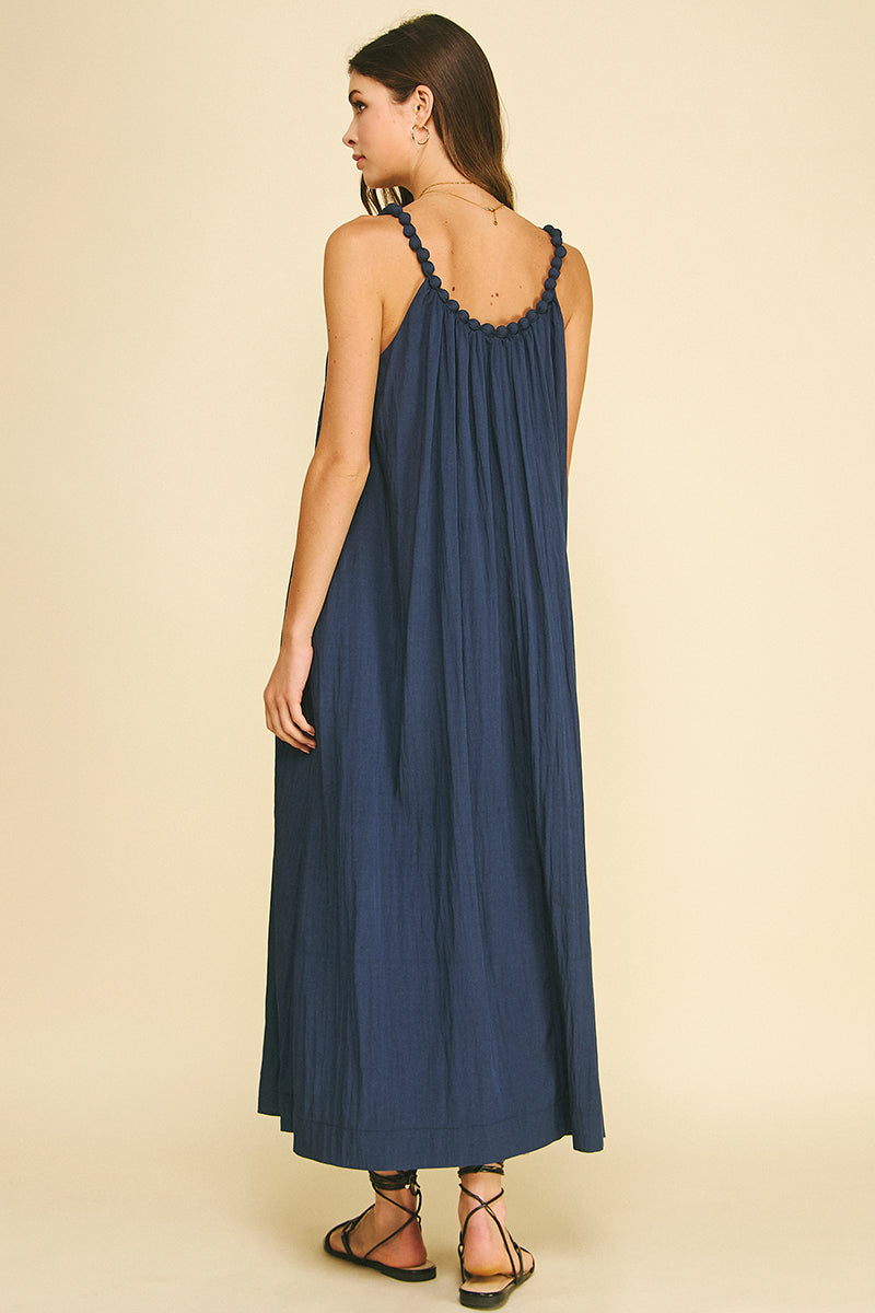 Solid Maxi Dress with Ball Trim Neckline | Navy