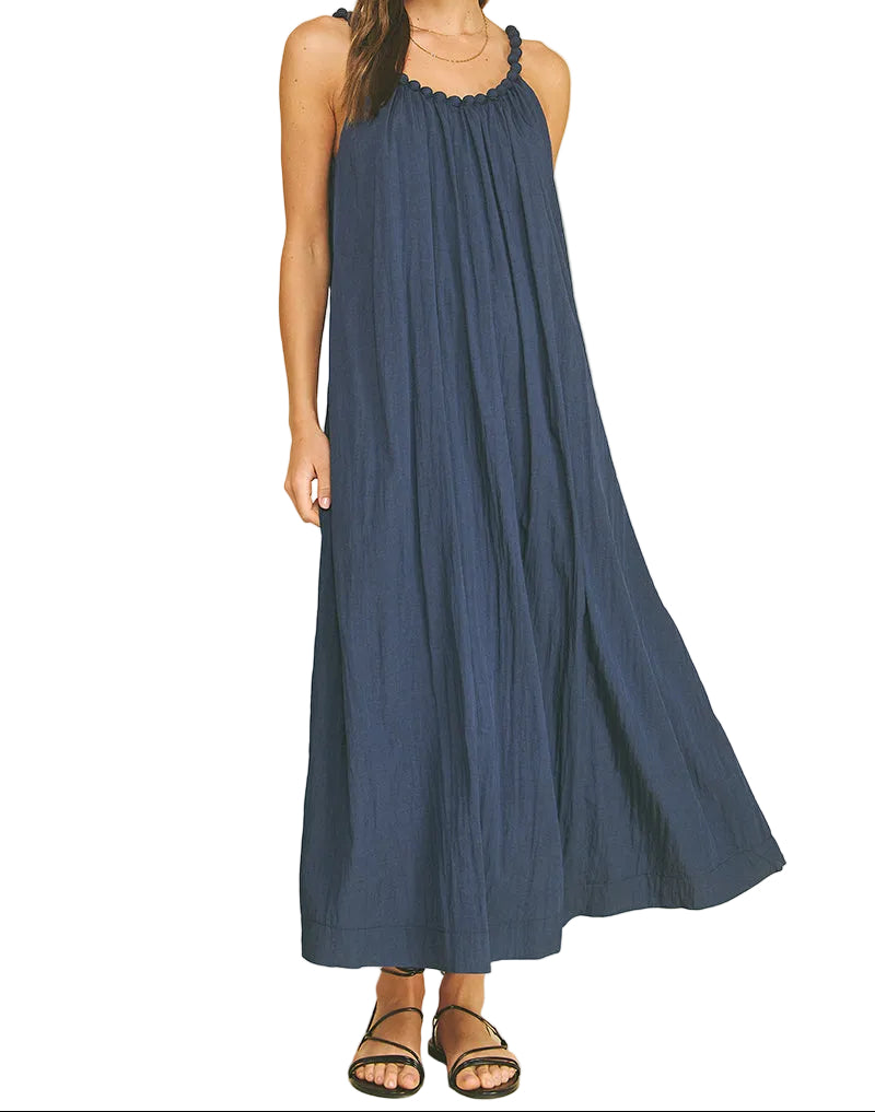 Solid Maxi Dress with Ball Trim Neckline | Navy