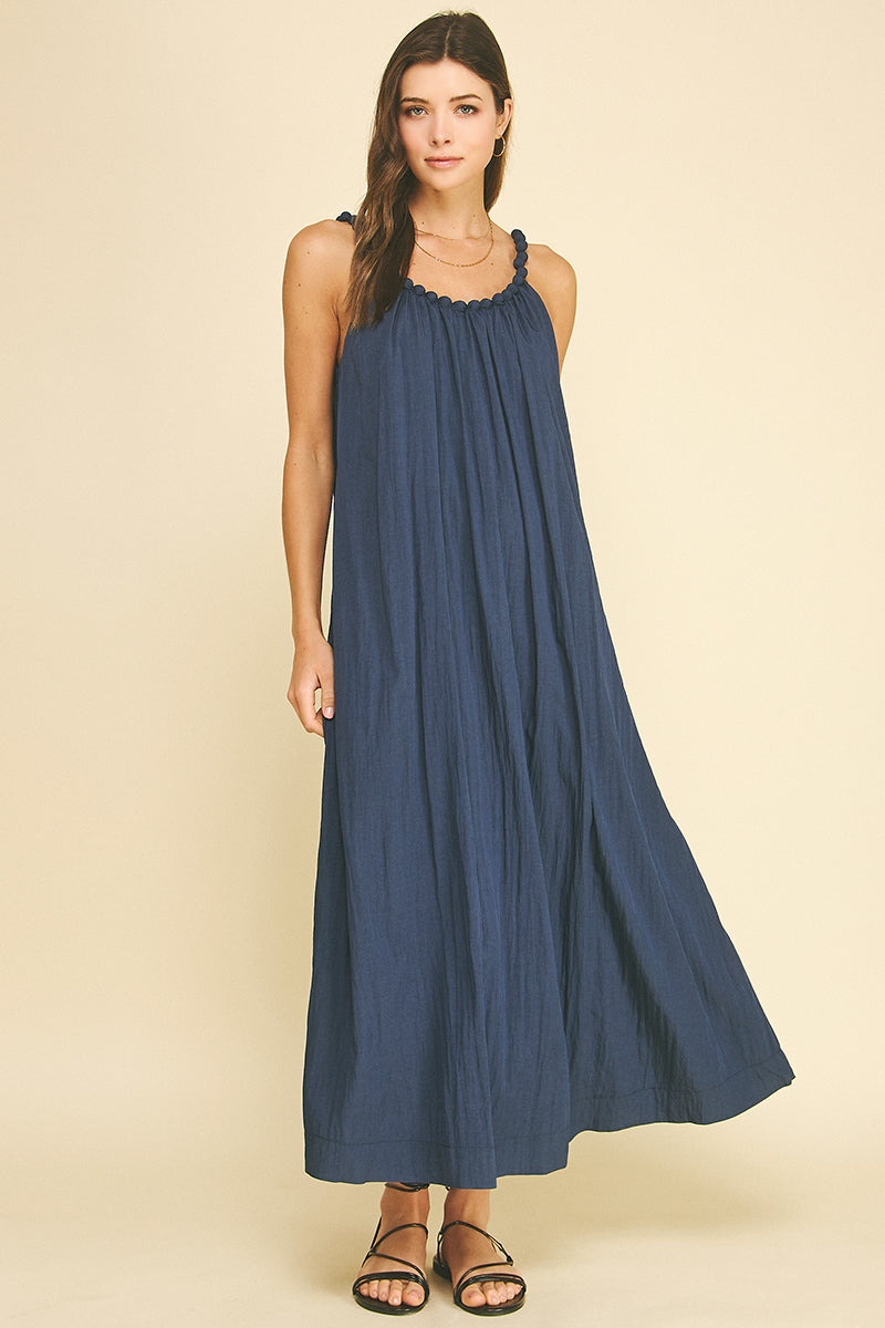 Solid Maxi Dress with Ball Trim Neckline | Navy