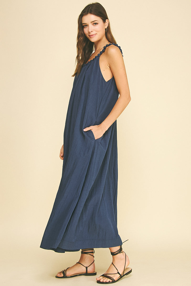 Solid Maxi Dress with Ball Trim Neckline | Navy