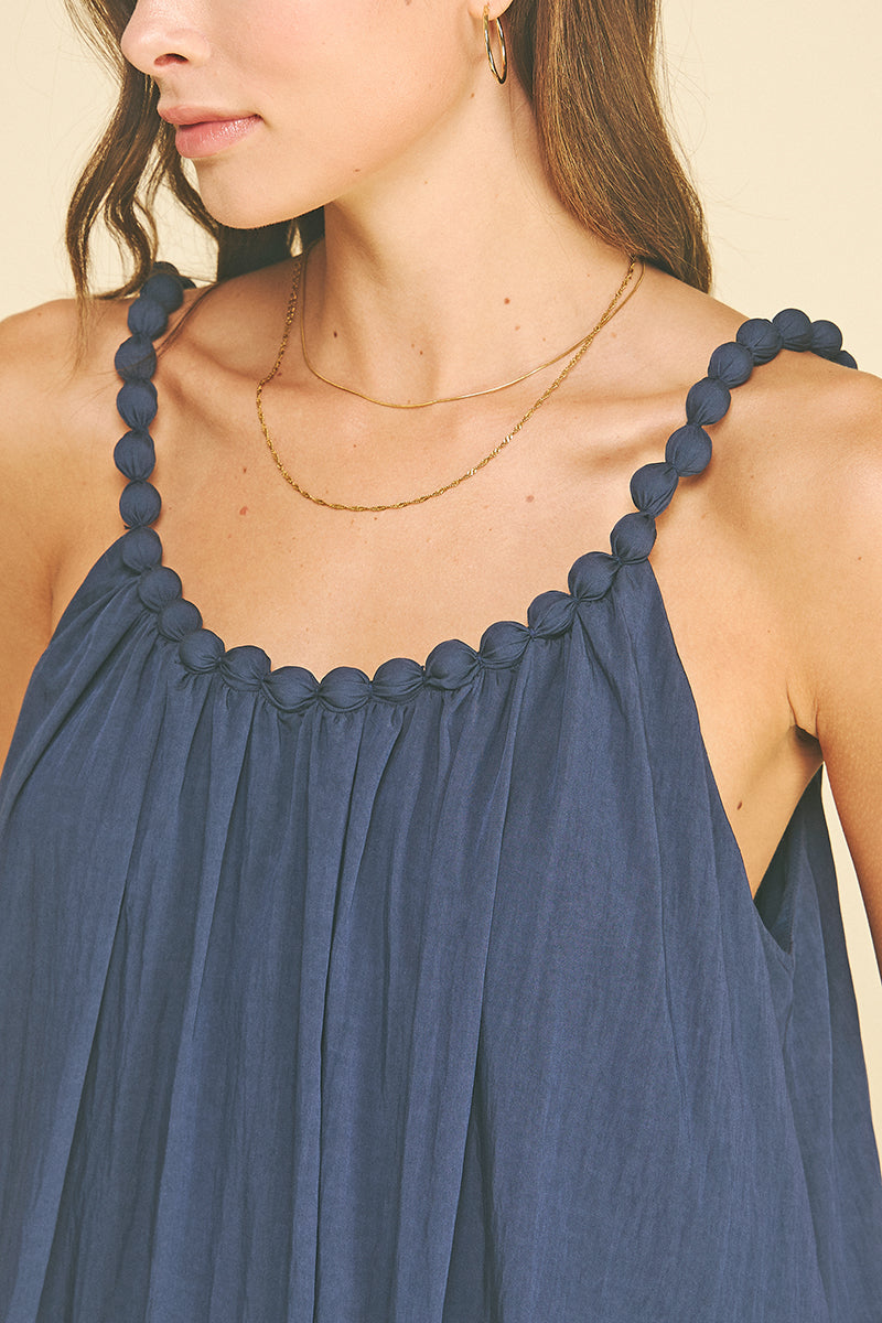 Solid Maxi Dress with Ball Trim Neckline | Navy