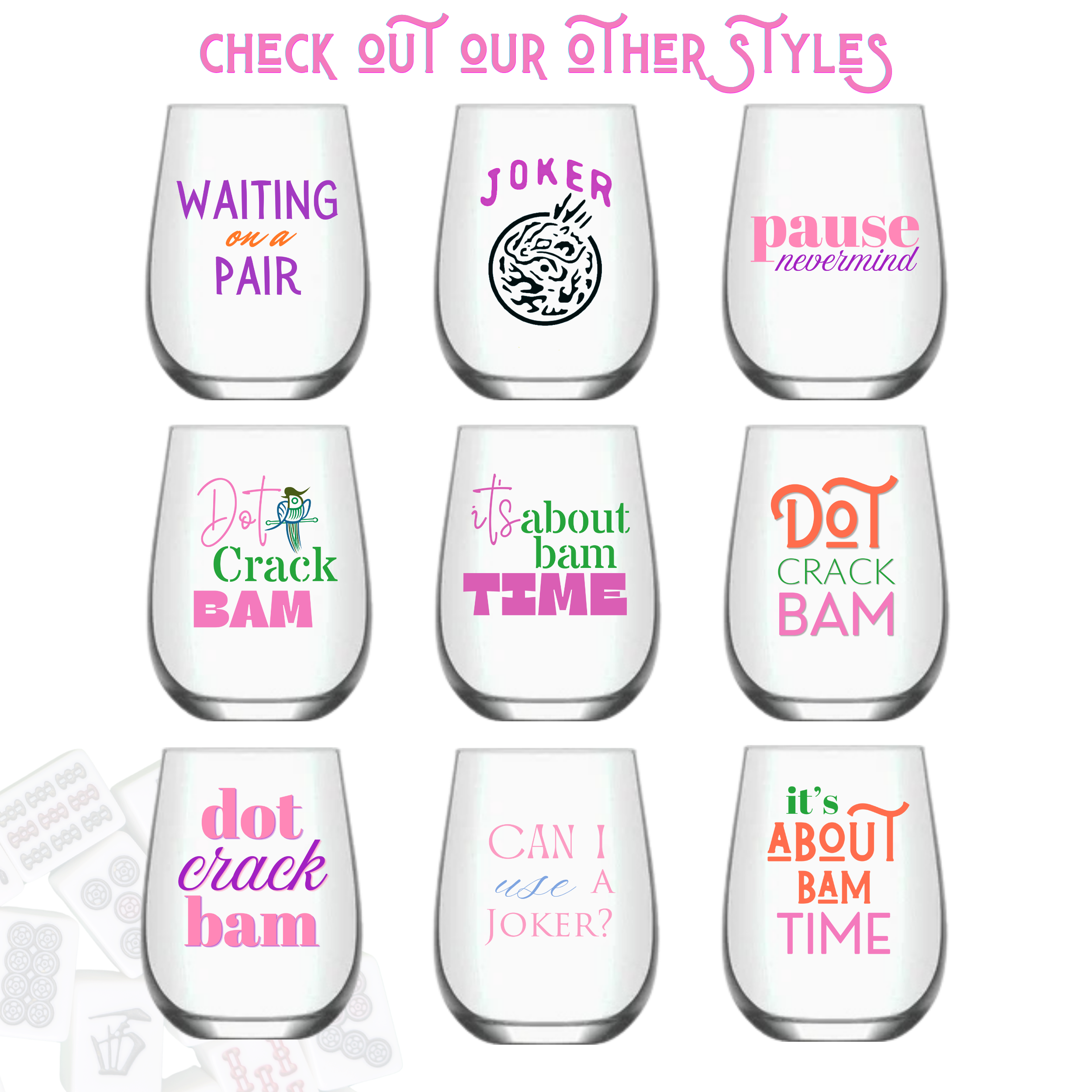 Mahjong Stemless Reusable Wine Glasses "Dot Crack Bam"
