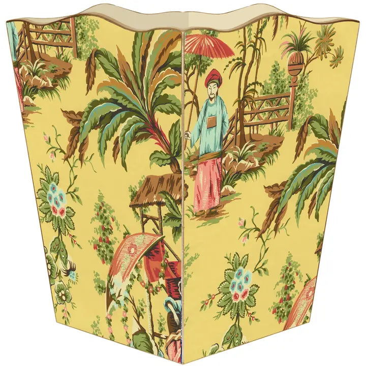 Yellow Chinoiserie Wastepaper Scalloped Basket