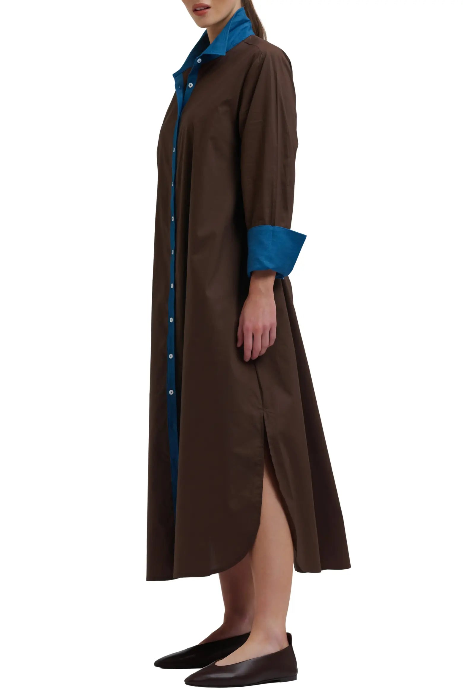 Shirty Pia Long Line Shirt Dress - Chocolate/Denim Trim