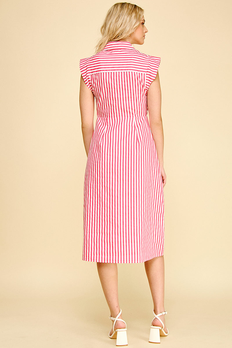 Striped Button Down Midi Dress Pink/White