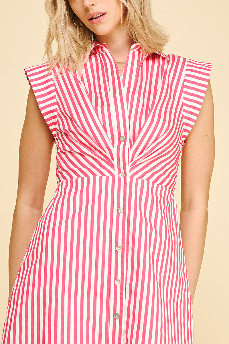 Striped Button Down Midi Dress Pink/White