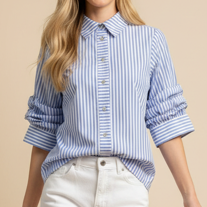 Ruched Sleeve Striped Button Down Shirt | Light Blue