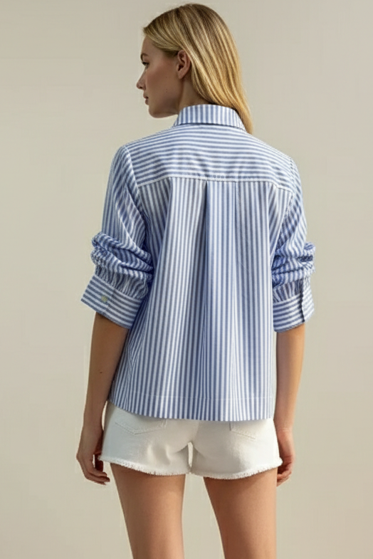 Ruched Sleeve Striped Button Down Shirt | Light Blue