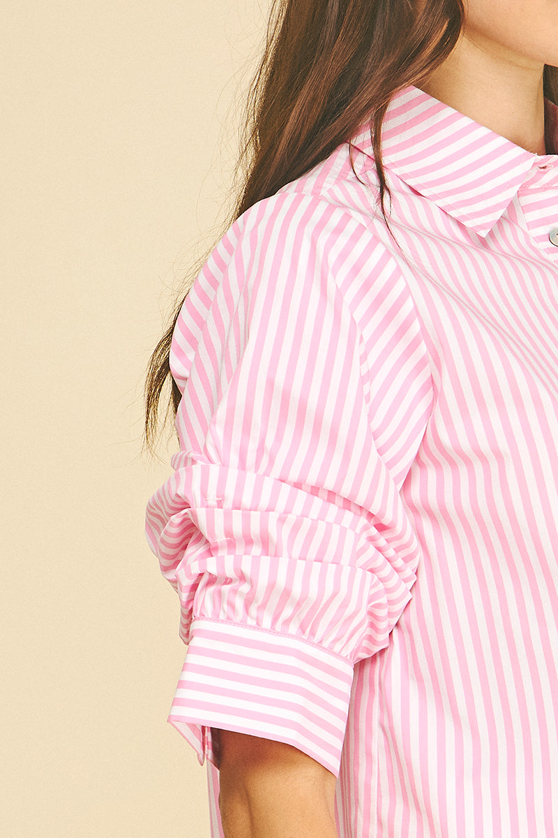 Ruched Sleeve Striped Button Down Shirt | Pink