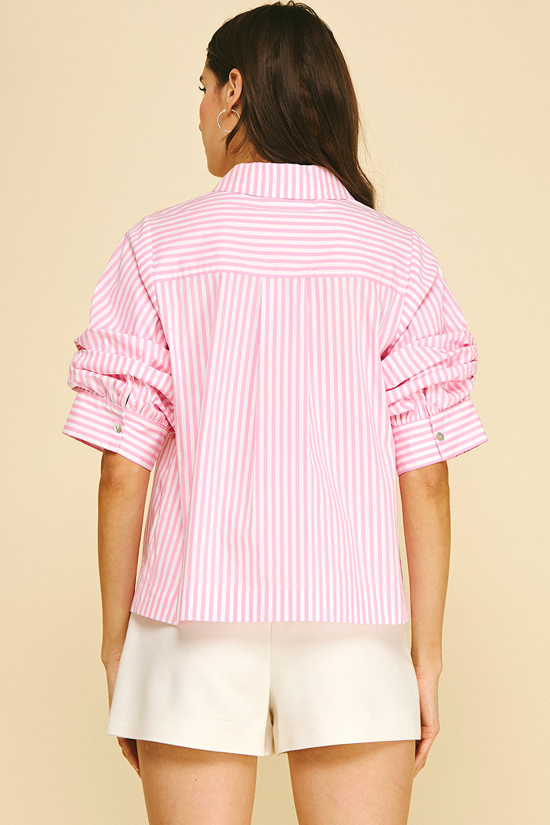 Ruched Sleeve Striped Button Down Shirt | Pink