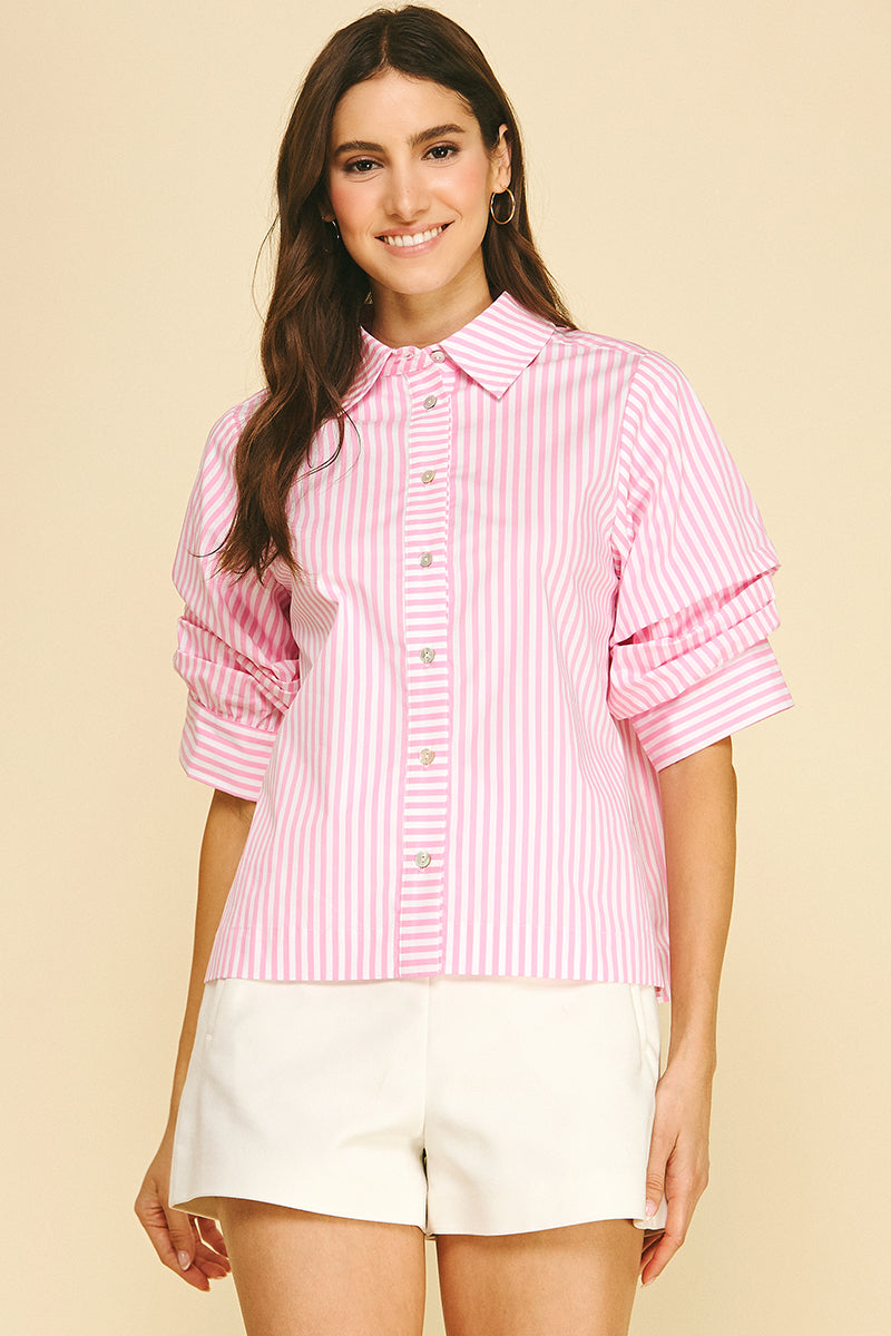 Ruched Sleeve Striped Button Down Shirt | Pink