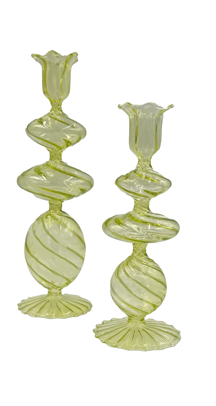 Green Swirl Glass Candlestick - (two sizes)