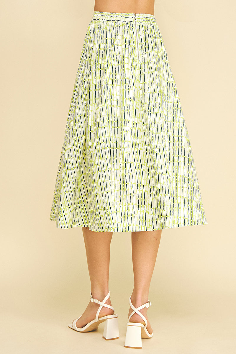 Geometric Print A-Line Midi Skirt | Lime