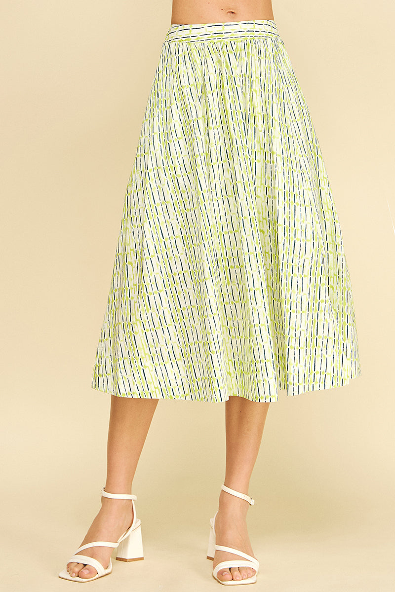 Geometric Print A-Line Midi Skirt | Lime
