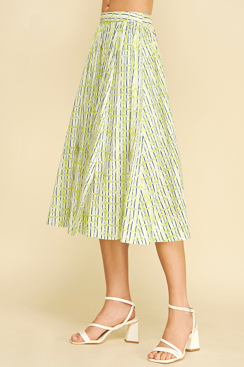 Geometric Print A-Line Midi Skirt | Lime