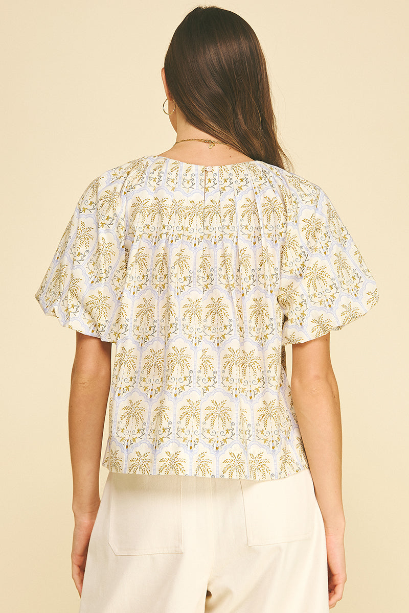 Tropical Palm Puff Sleeve Top