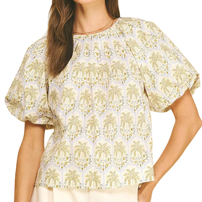 Tropical Palm Puff Sleeve Top