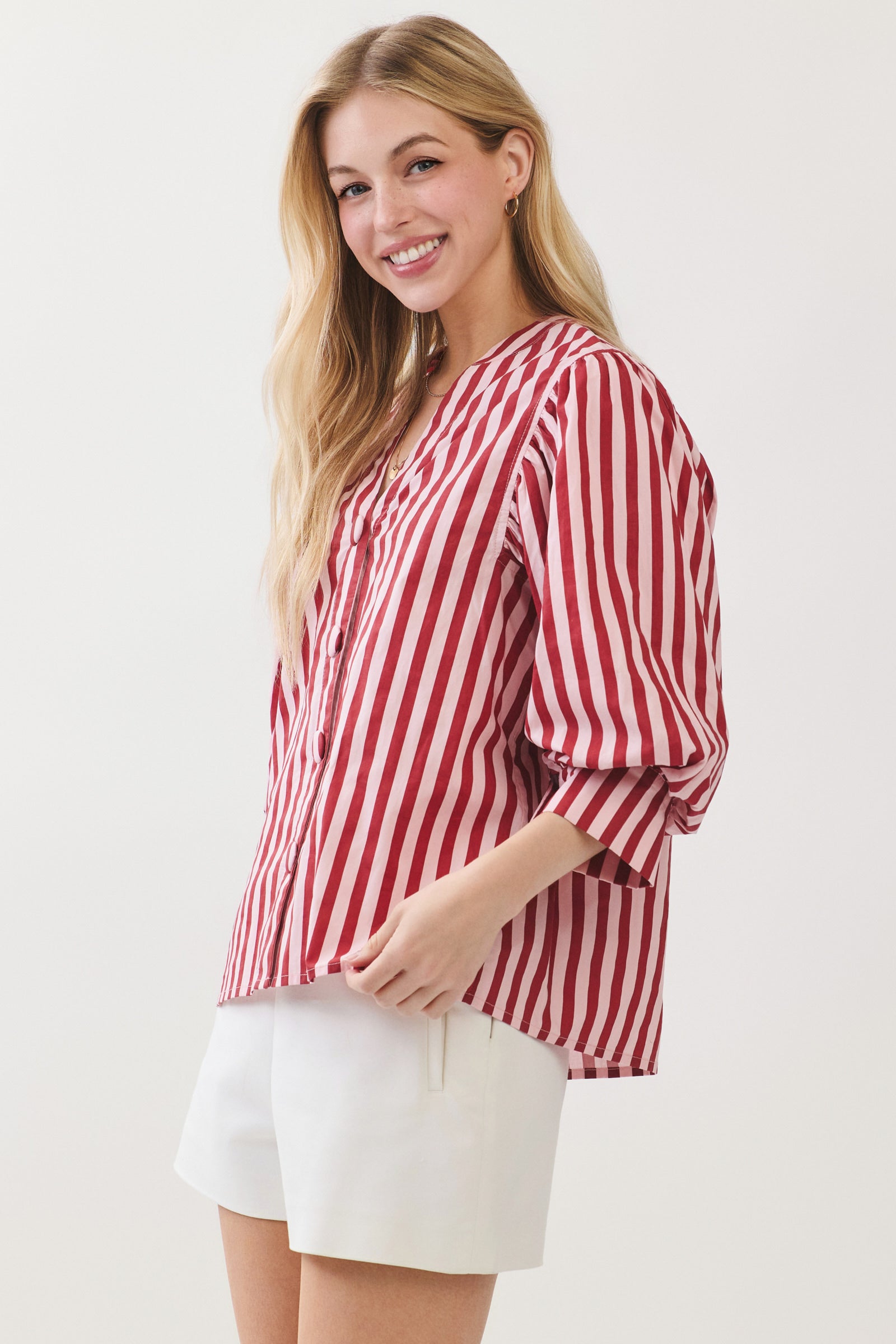 Stripe Bishop Sleeve Blouse | Pink/Wine