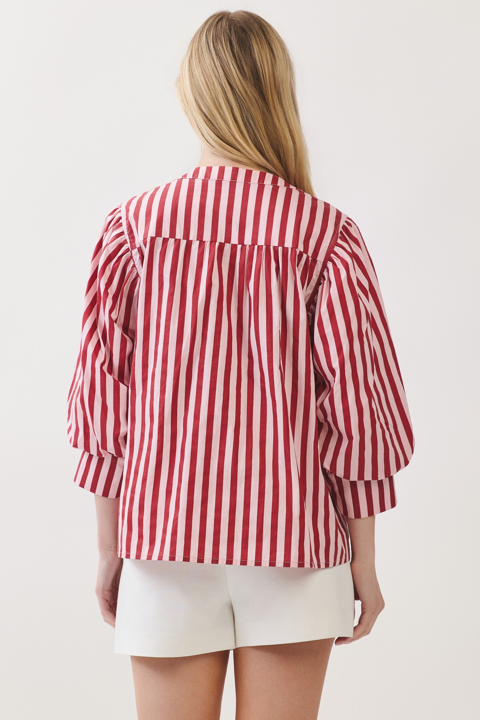 Stripe Bishop Sleeve Blouse | Pink/Wine