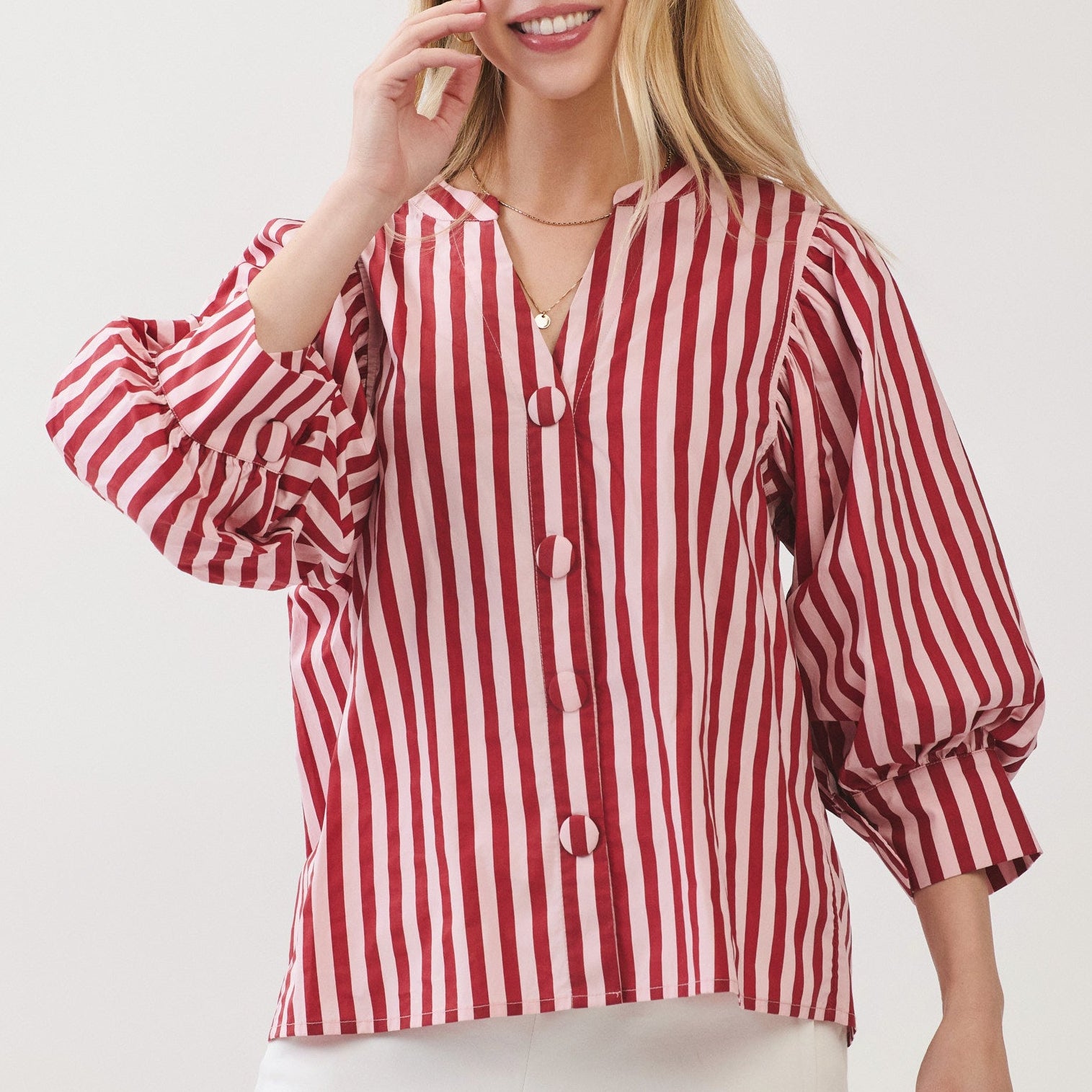 Stripe Bishop Sleeve Blouse | Pink/Wine