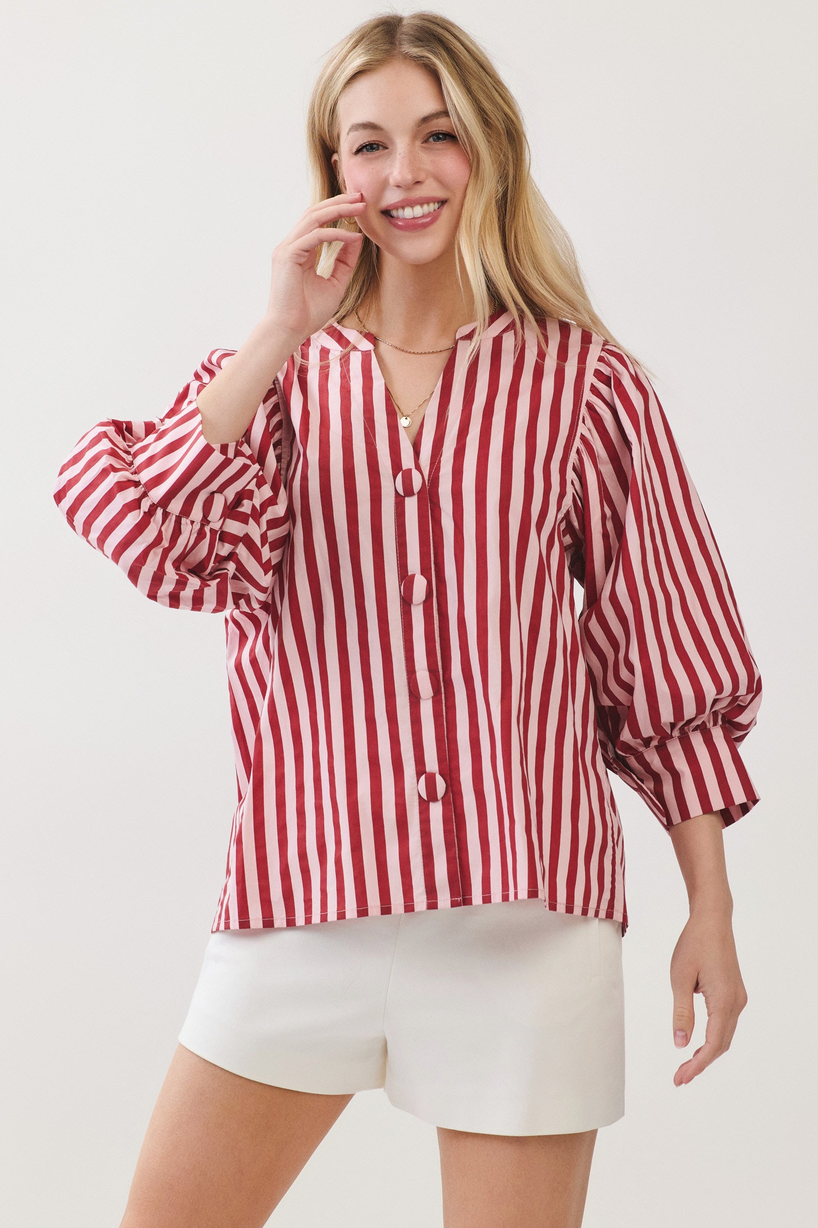 Stripe Bishop Sleeve Blouse | Pink/Wine