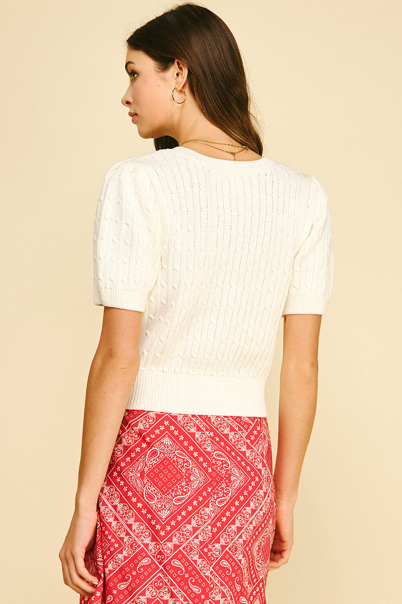 Cable Knit Short Sleeve Cardigan | Cream