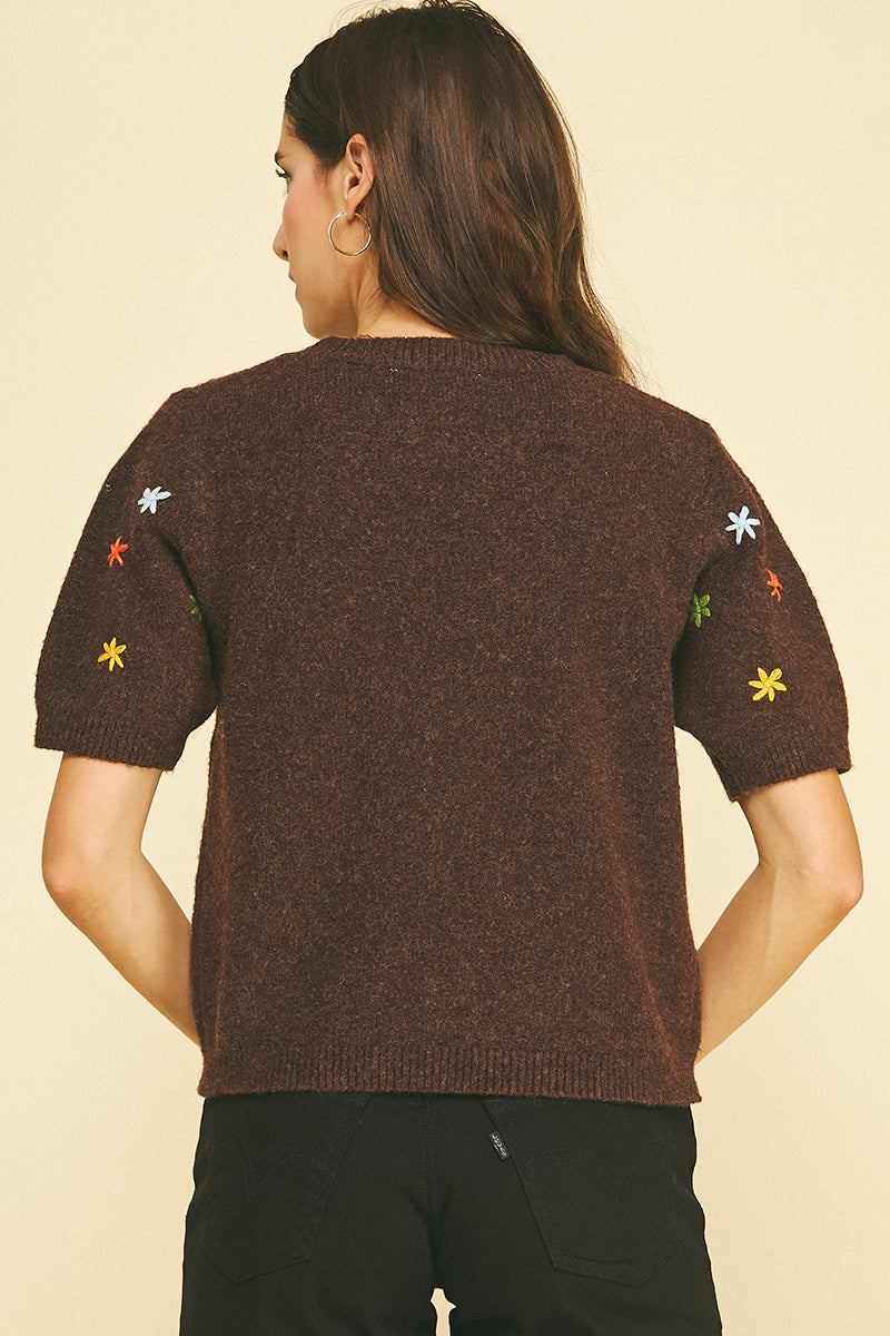 Floral Embroidered Short Sleeve Sweater | Brown