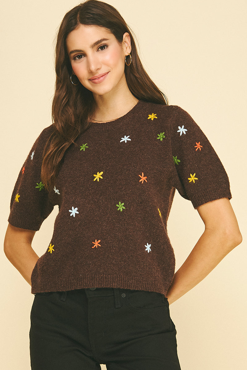Floral Embroidered Short Sleeve Sweater | Brown