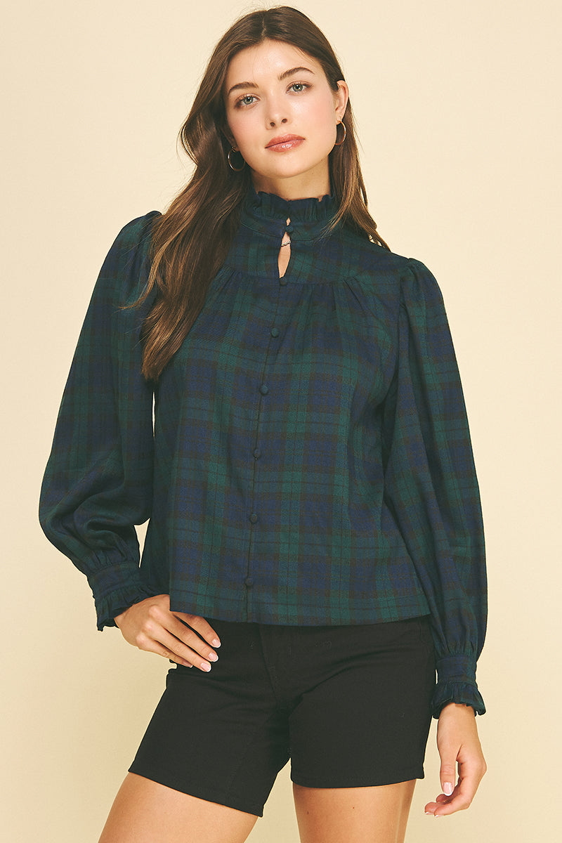 Plaid Ruffled Mock Neck Shirt | Navy/Green