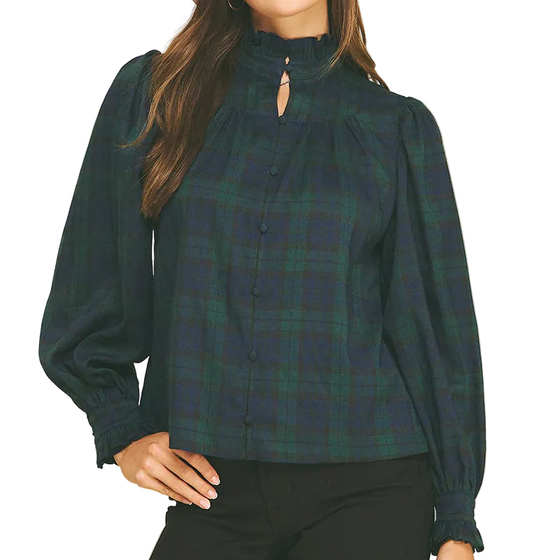 Plaid Ruffled Neck Shirt | Navy/Green
