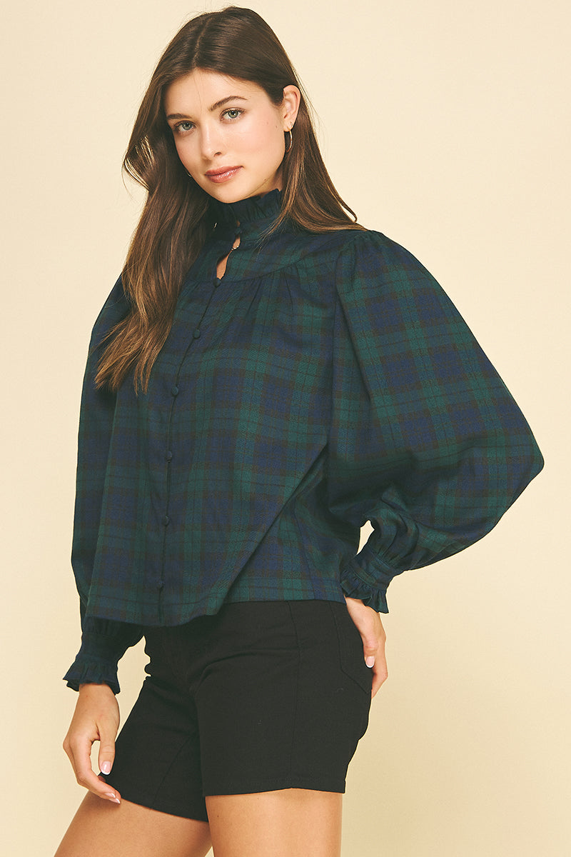 Plaid Ruffled Mock Neck Shirt | Navy/Green