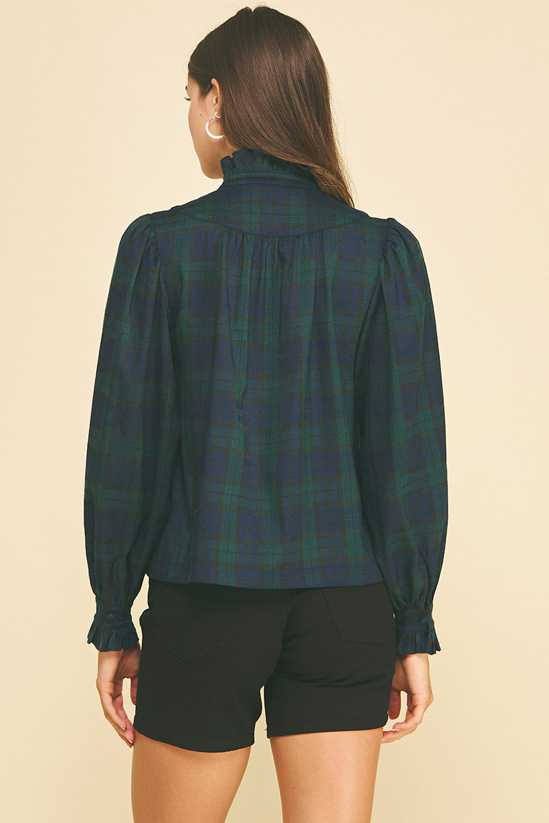 Plaid Ruffled Mock Neck Shirt | Navy/Green