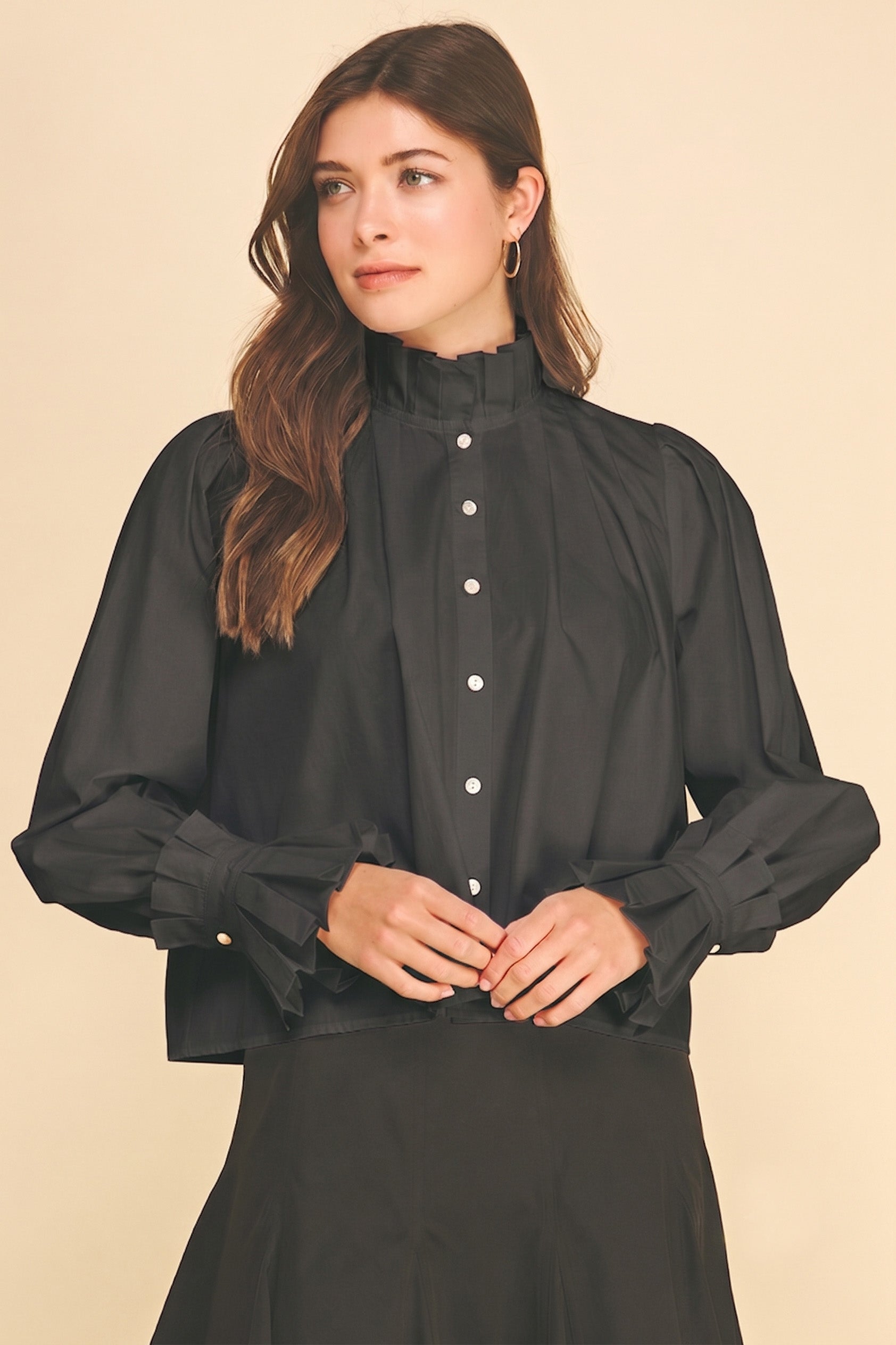 Ruffled High Neck Button Down Shirt | Black