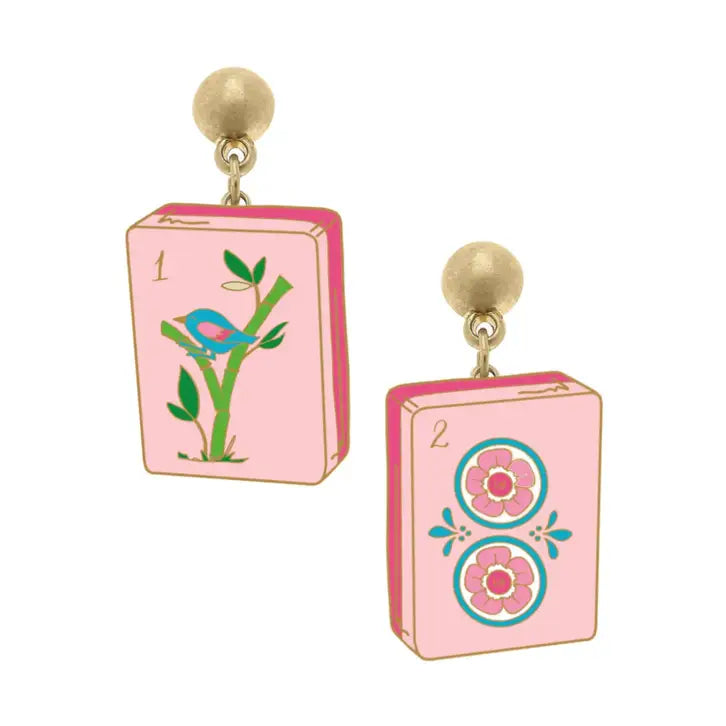 Mahjong Tile Enamel Earrings in Light Pink