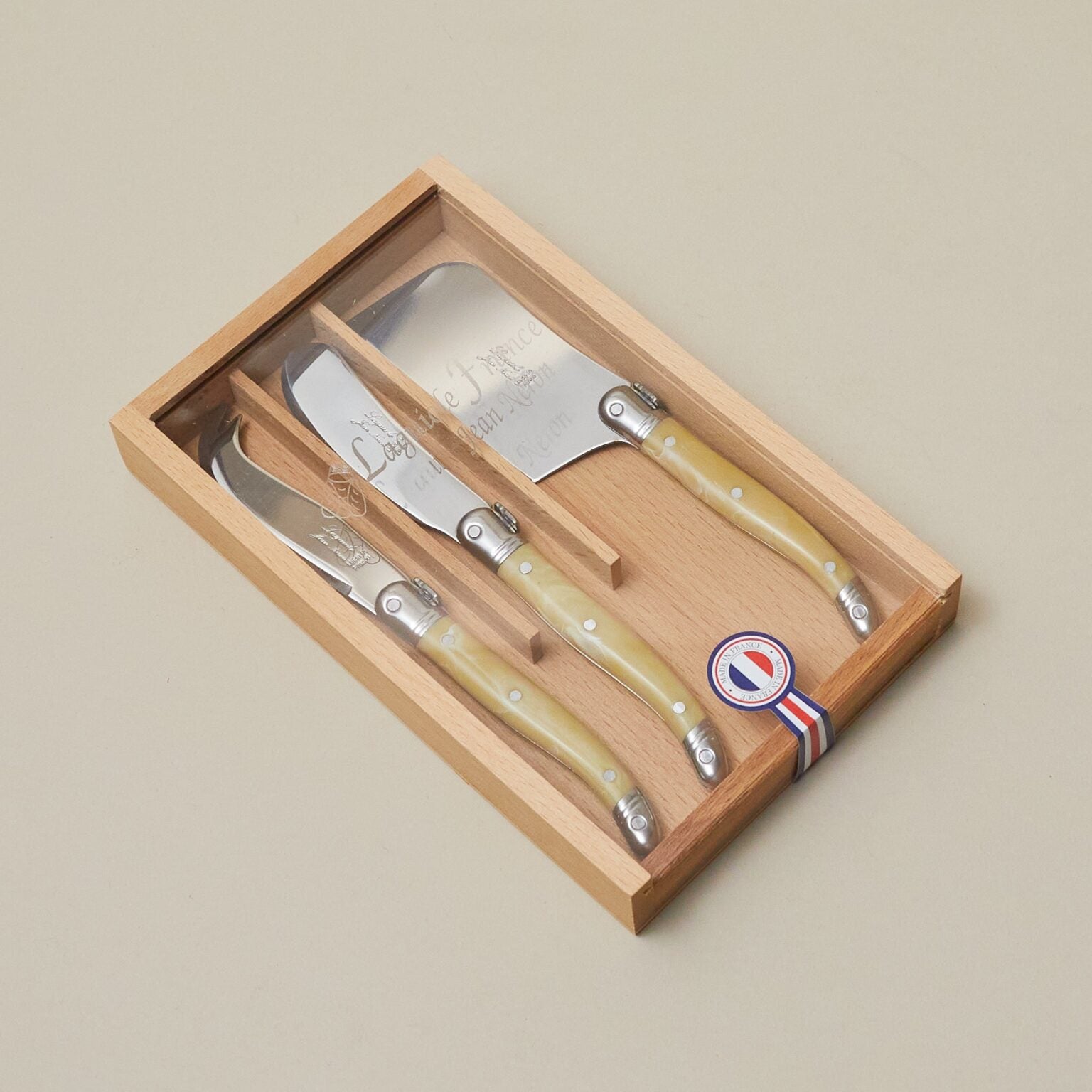 Laguiole 3 Piece Mini Cheese Utensil Set, Pale Horn in Wood Box