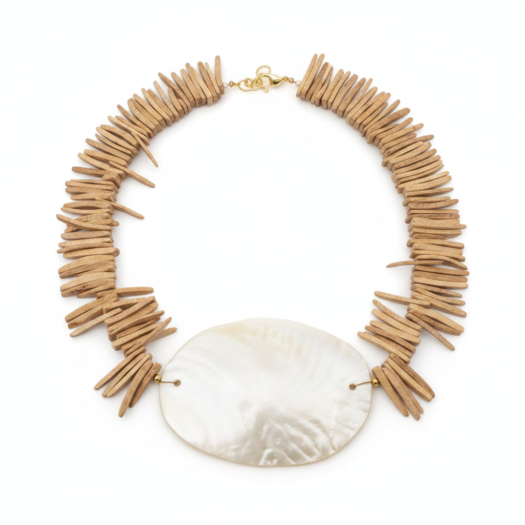 Coconut Bead Necklace w Clam Pendant