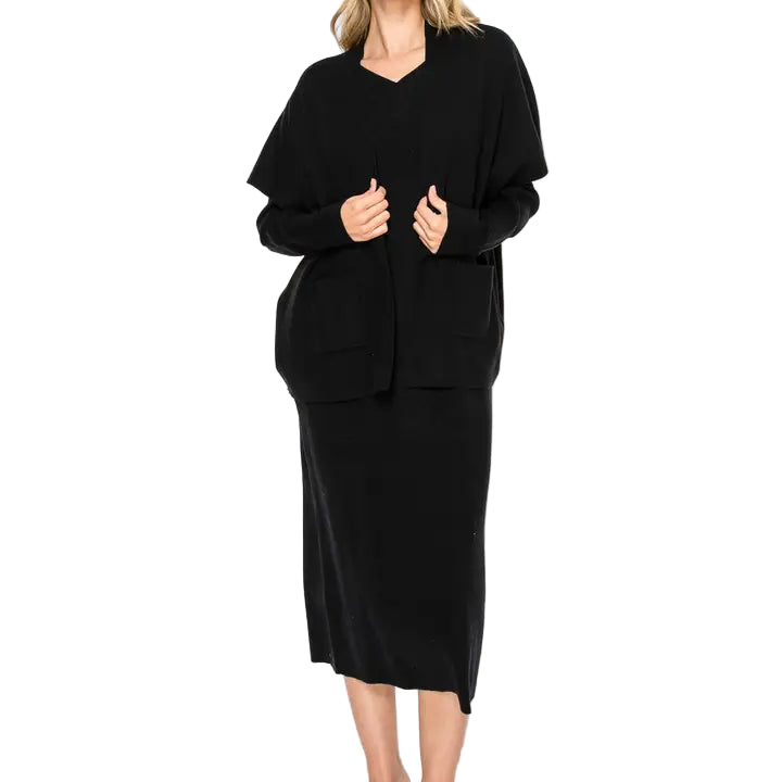 Sweater Dress & Cardigan Set - Black