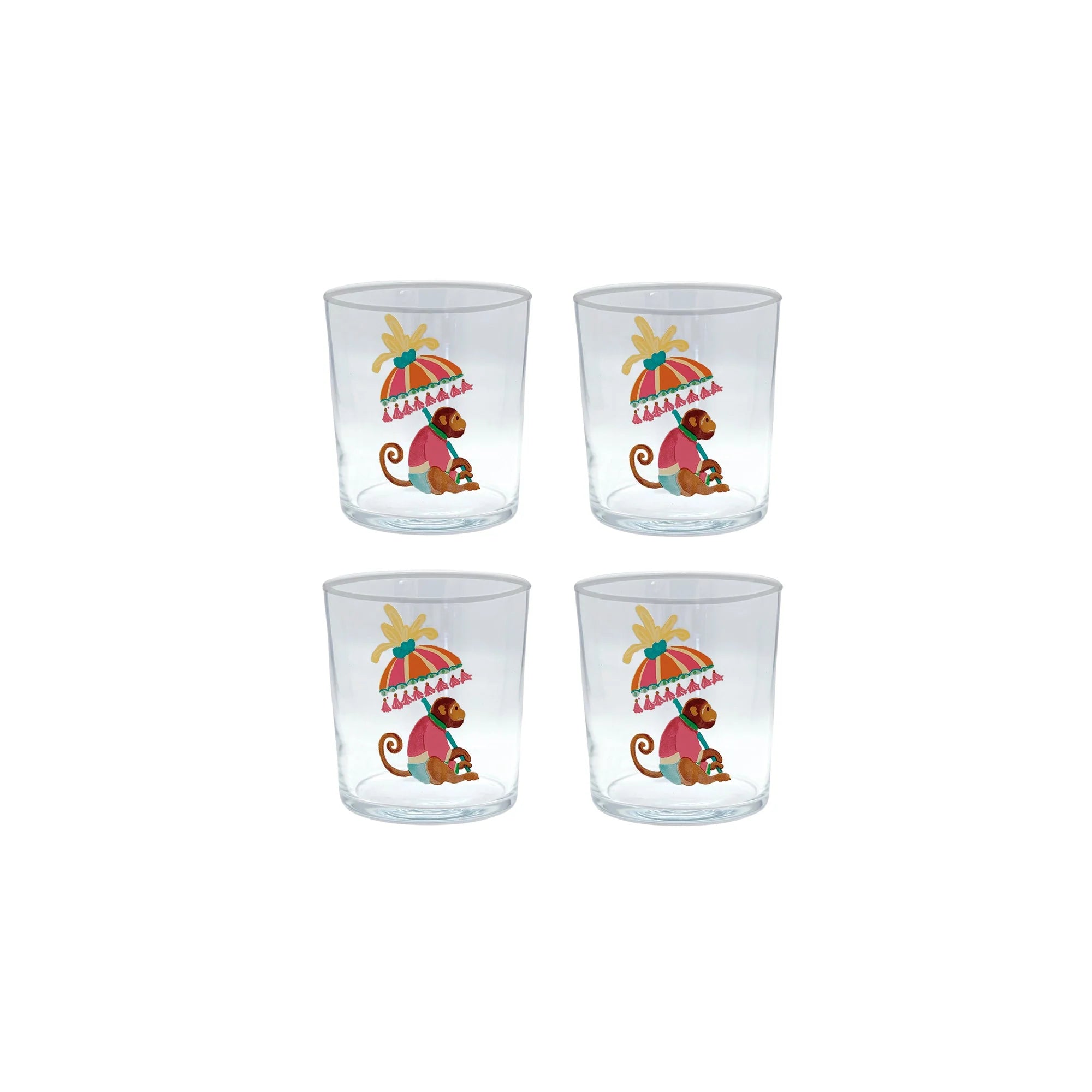 Monkeys and Parasols Suite of 4 Double Old Fashioned Glasses