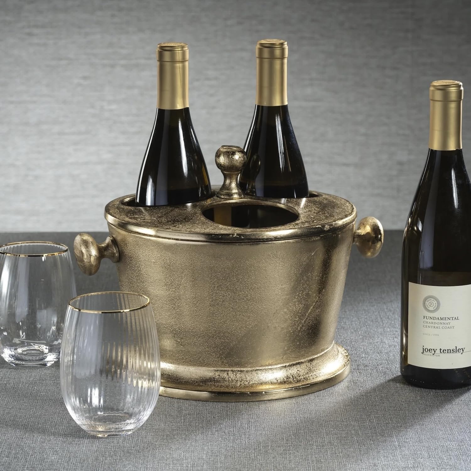 Raw Aluminum Three Bottle Wine Holder | Gold